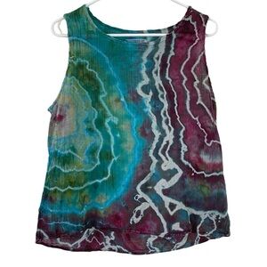 UZI Tie Dye Tank Top Womens Size Large Crepe Texture Upcycled Blue Burgundy